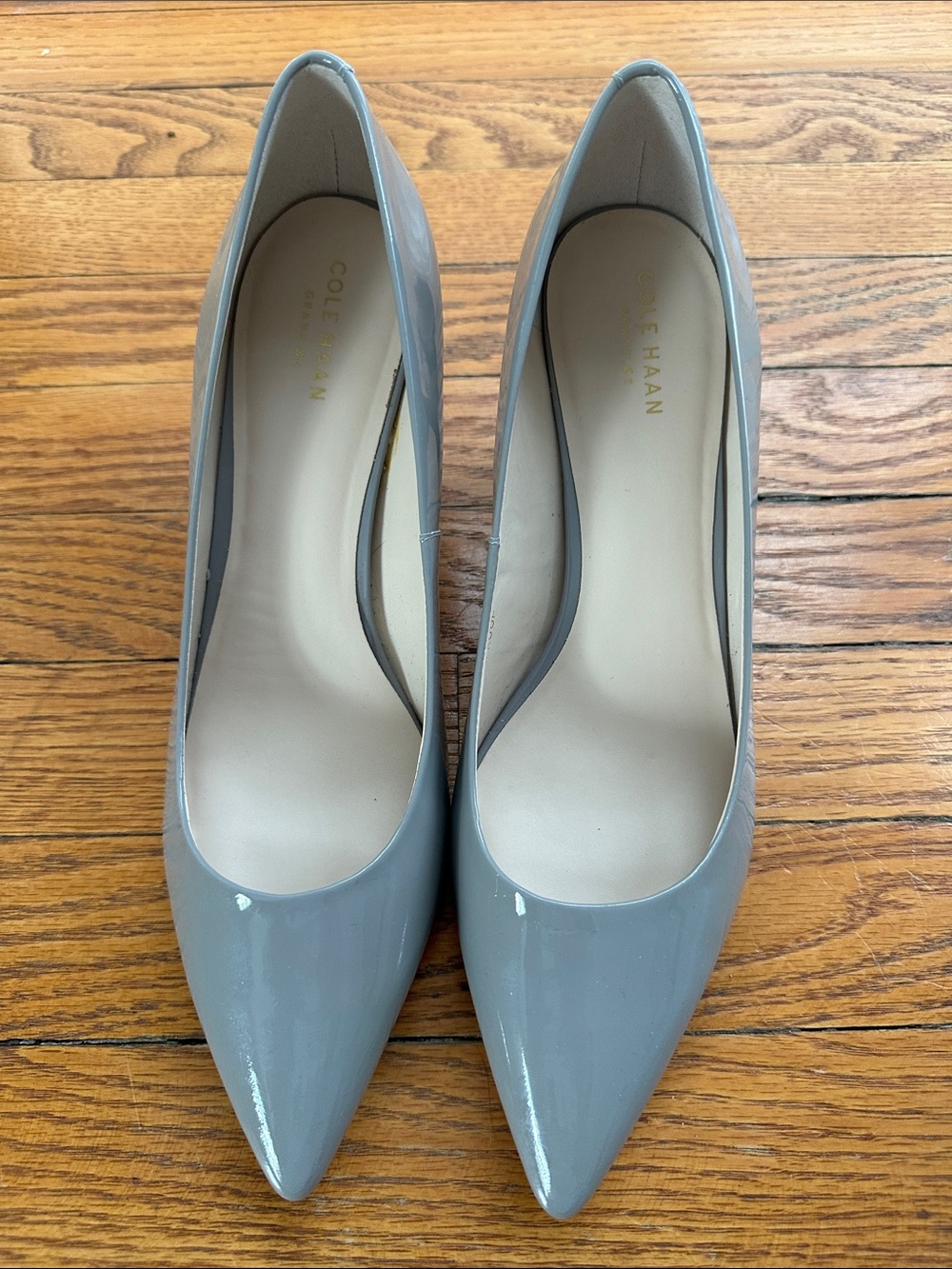 Cole Haan Light Gray Patent Pointed-Toe Pumps